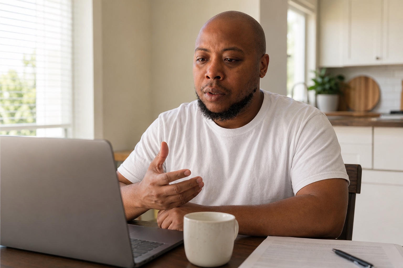 Tyrone on an install call at a kitchen table